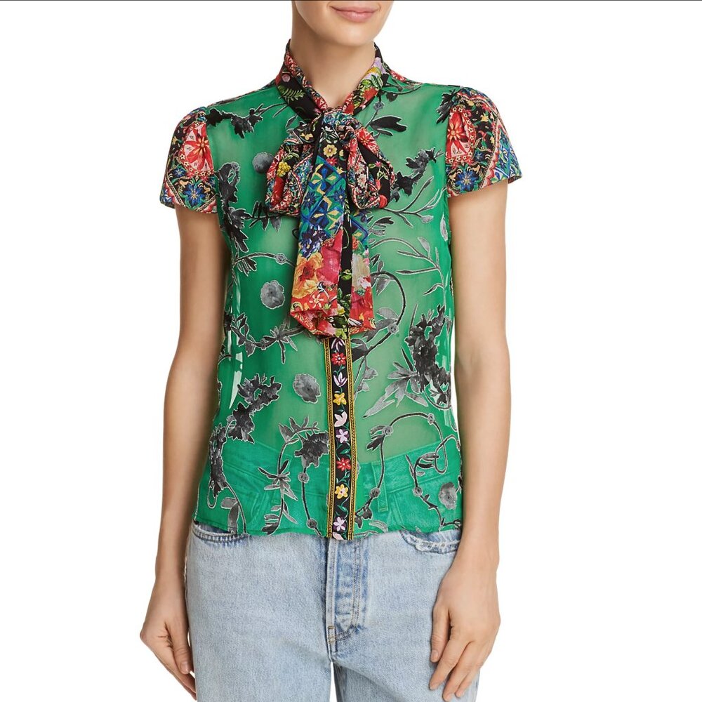 Alice + Olivia Jeannie Mixed Print Tie-Neck Blouse